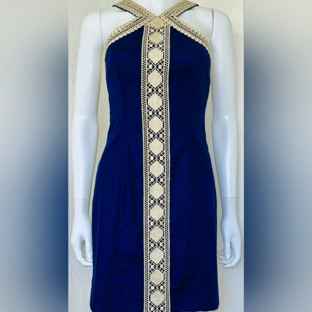 NWT Lilly Pulitzer Vena Stretch Shift Dress Womens Size 6 Navy Blue Cream $198